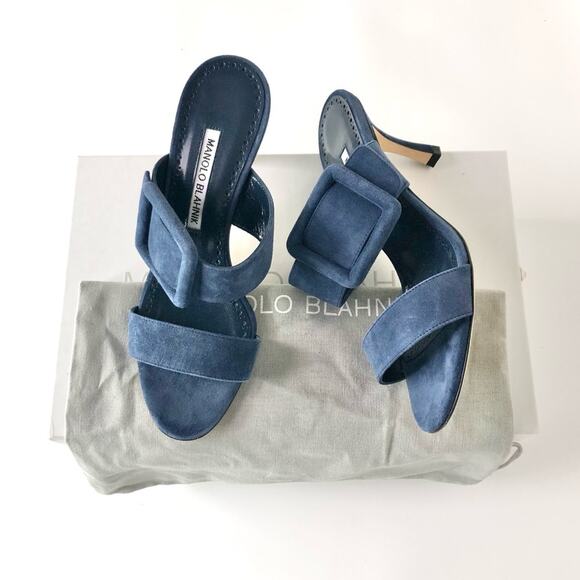 NIB Manolo Blahnik Gable Denim Navy Suede Buckle Detail Mules Slip On Sandals 36 - Picture 1 of 10